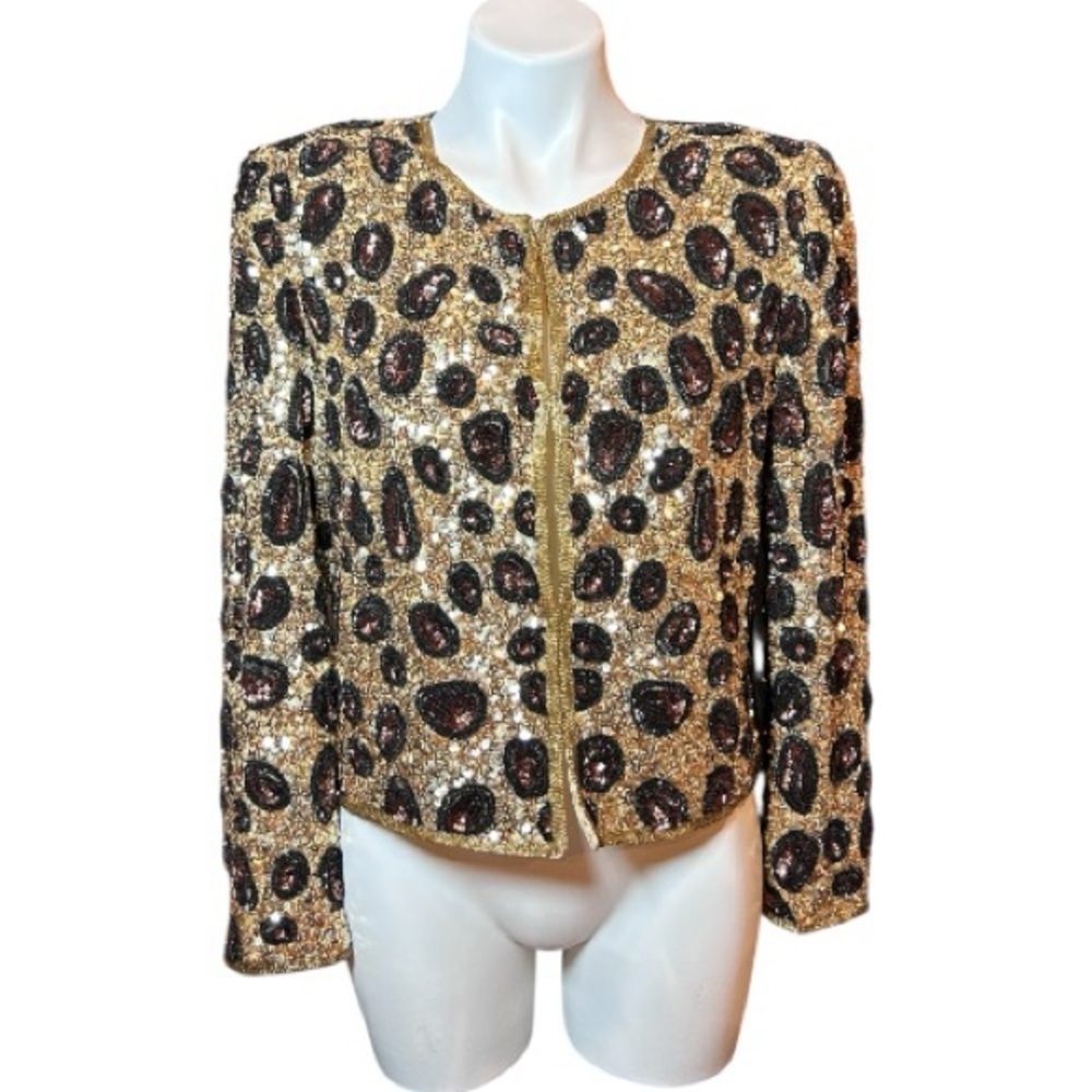 ❗️SOLD ❗️Kazar Gold and Black Sequin Leopard Print Crop Blazer Size L Vintage